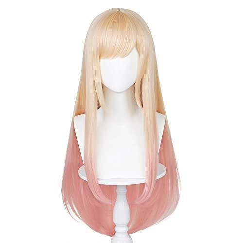 LABEAUTÉ LABEAUTÉ Long Blonde Pink Wig for Girls Women Cosplay Wig Anime Straight Hair with Bangs for Halloween Party with Cap (Ombre Blonde Pink)