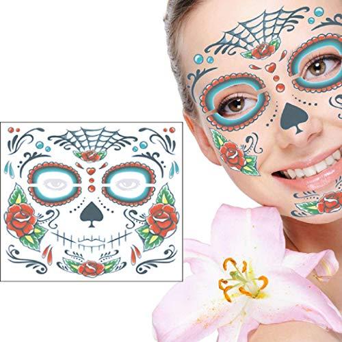 BPNHNA 4 Pack Day of The Dead Sugar Skull Face Temporary Tattoo Halloween Makeup Tattoo Stickers for Halloween Masquerade Party(Floral, Red Roses,Black and Floral Skeleton)