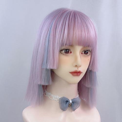 TEDPRBGE TEDPRBGE Women Highlight Ombre Purple Blue Hime Cut Hair Wig with Bangs Natural Looking Synthetic Wig Heat Resistant Hair Wig for Daily Party (Purple Blue)