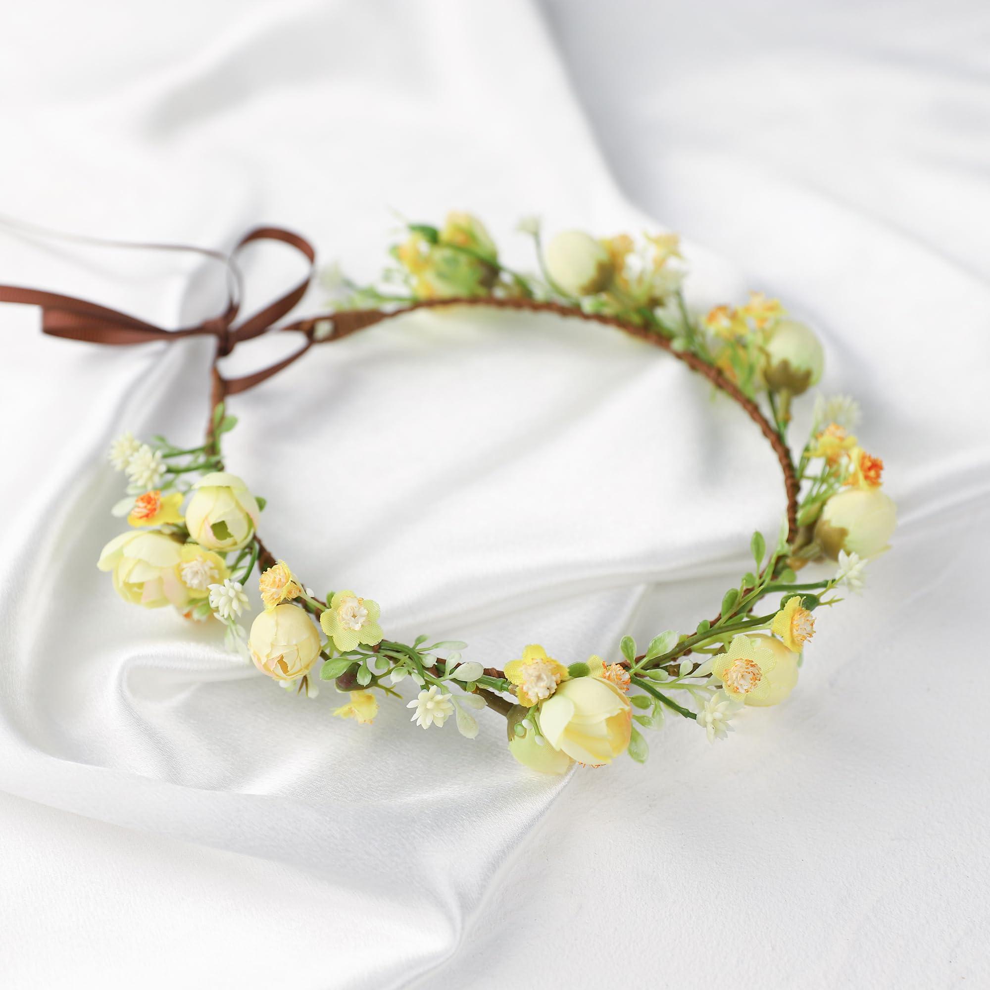 KorViSHOW KorViSHOW Handmade Flower Crown Flower Headpiece Green Leaf Headband Wedding Flower Crowns for Bride Floral Garland Hair Wreath Birthday Party(Yellow Style)