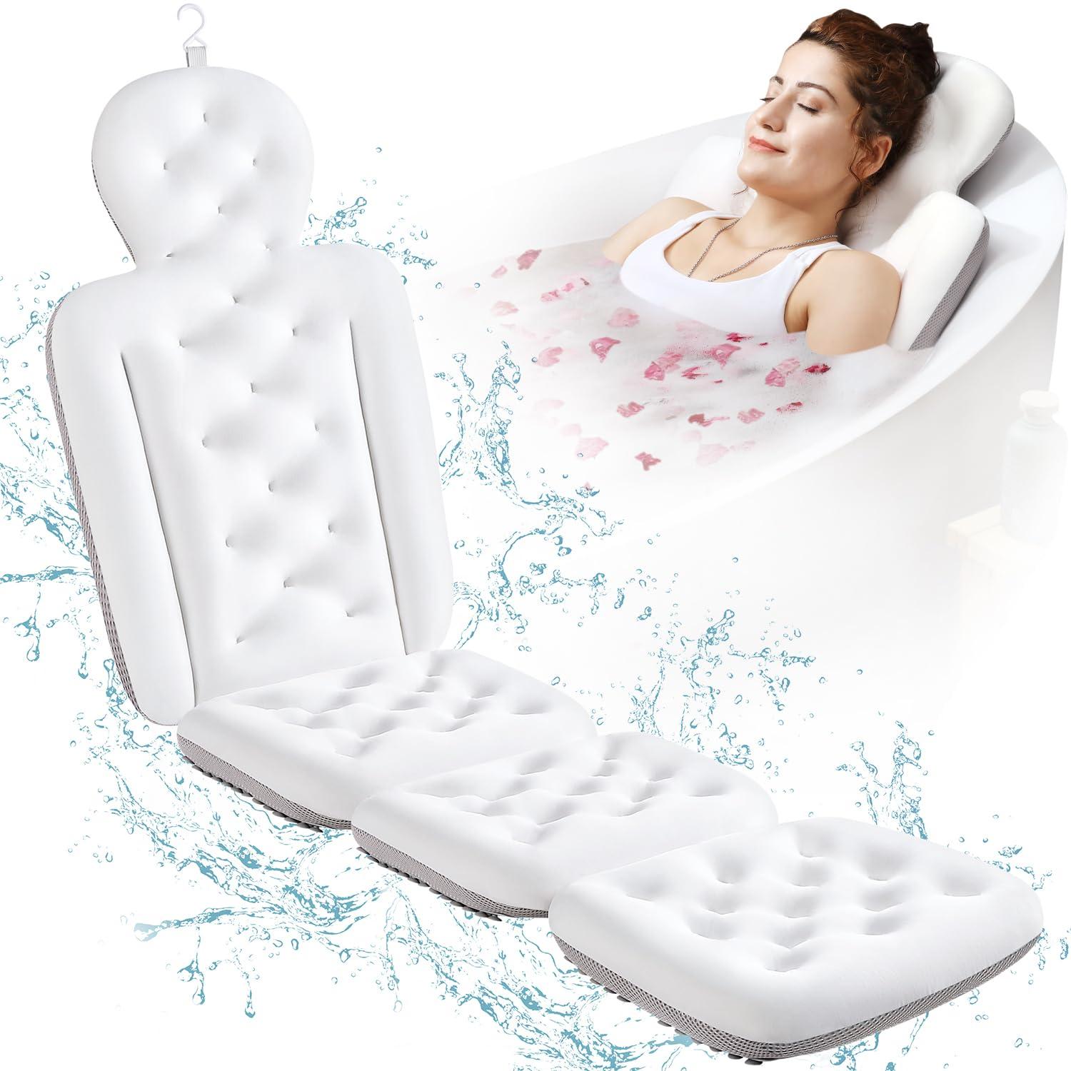 VOXOR Full Body Bath Pillow for Bathtub, Thick Bathtub Cushion with Laundry Bag, Luxury Tub Pillow for Bath for Headrest Neck and Back Support White 63\" x 16\"