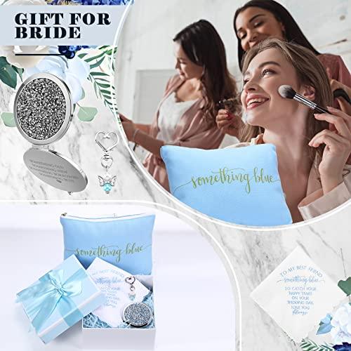Fumete Set of 5 Something Blue Wedding Gift for Bride to My Best Friend Wedding Embroidered Handkerchief Angel Bouquet Charm Something Blue Bridal Cosmetic Bag Diamond Compact Mirror Blue Raffia Gift Box