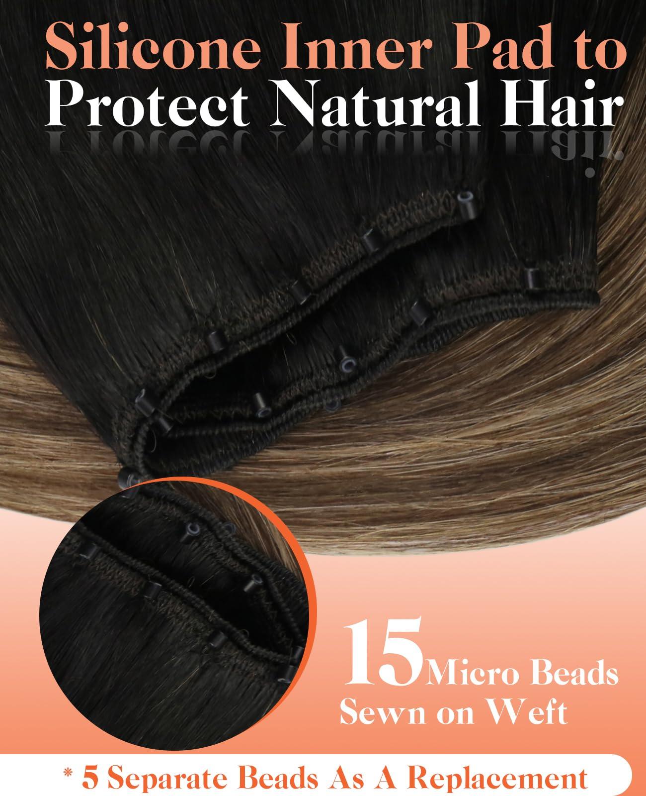 Sunny Hair Sunny Hair Beaded Weft Hair Extensions Human Hair 50G Micro Bead Weft Hair Extensions Real Human Hair Straight Weft Hair Extensions Easy Weft Natural Black to Dark Brown with Caramel Blonde 18inch
