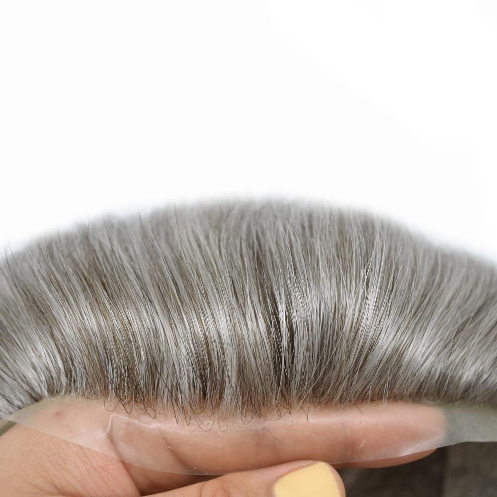 F M FACE MIRACLE NEW YORK F M FACE MIRACLE NEW YORK Mens Toupee Hair System for Men French Lace Center Mens Hair Replacement System With Poly PU Skin Natural Hairline Toupee for Men8 X10#380 Dark Brown+80% Gray-120% Density