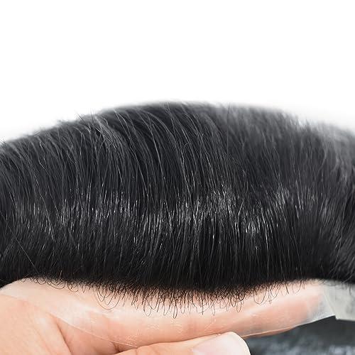 F M FACE MIRACLE NEW YORK F M FACE MIRACLE NEW YORK Mens Toupee Hair System For Men 0.06mm Super Thin Skin V-looped Mens Hair Replacement System Natural Hairline Toupee For Men Poly Skin8 X10#1B Off Black-100% density
