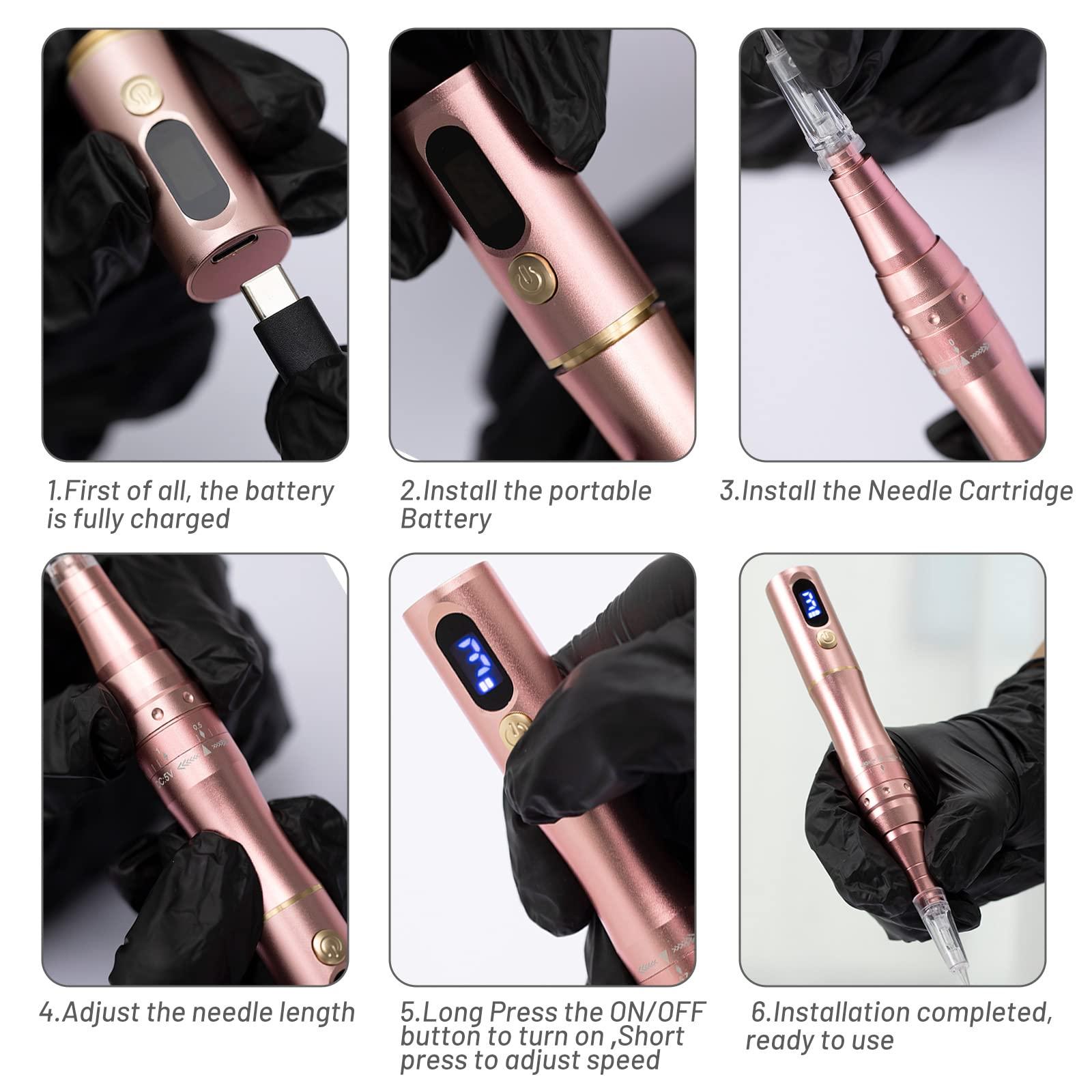 whalrace Whalrace PMU Machine with Digital Screen, Cordless Permanent Makeup Machine, Tattoo Machine Kit with 2 Lithium Batteries, 10pcs PMU Needles Microblading Machine - Rose Gold