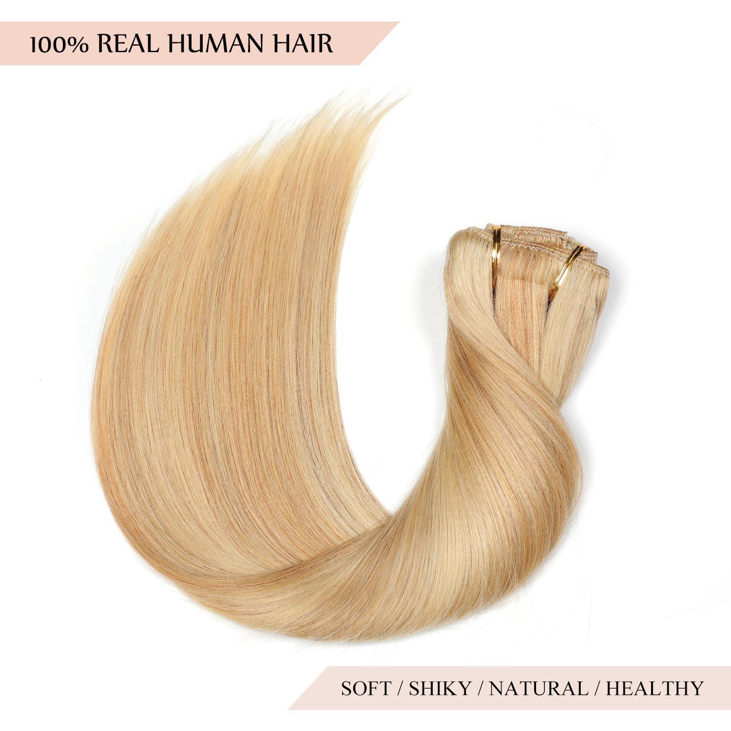 Sisily Sisily Clip in Hair Extensions Real Human Hair, 140g 7pcs Human Hair Clip in Hair Extensions Blonde, Hair Extensions Real Human Hair Clip ins 16 Inch Straight Double Weft