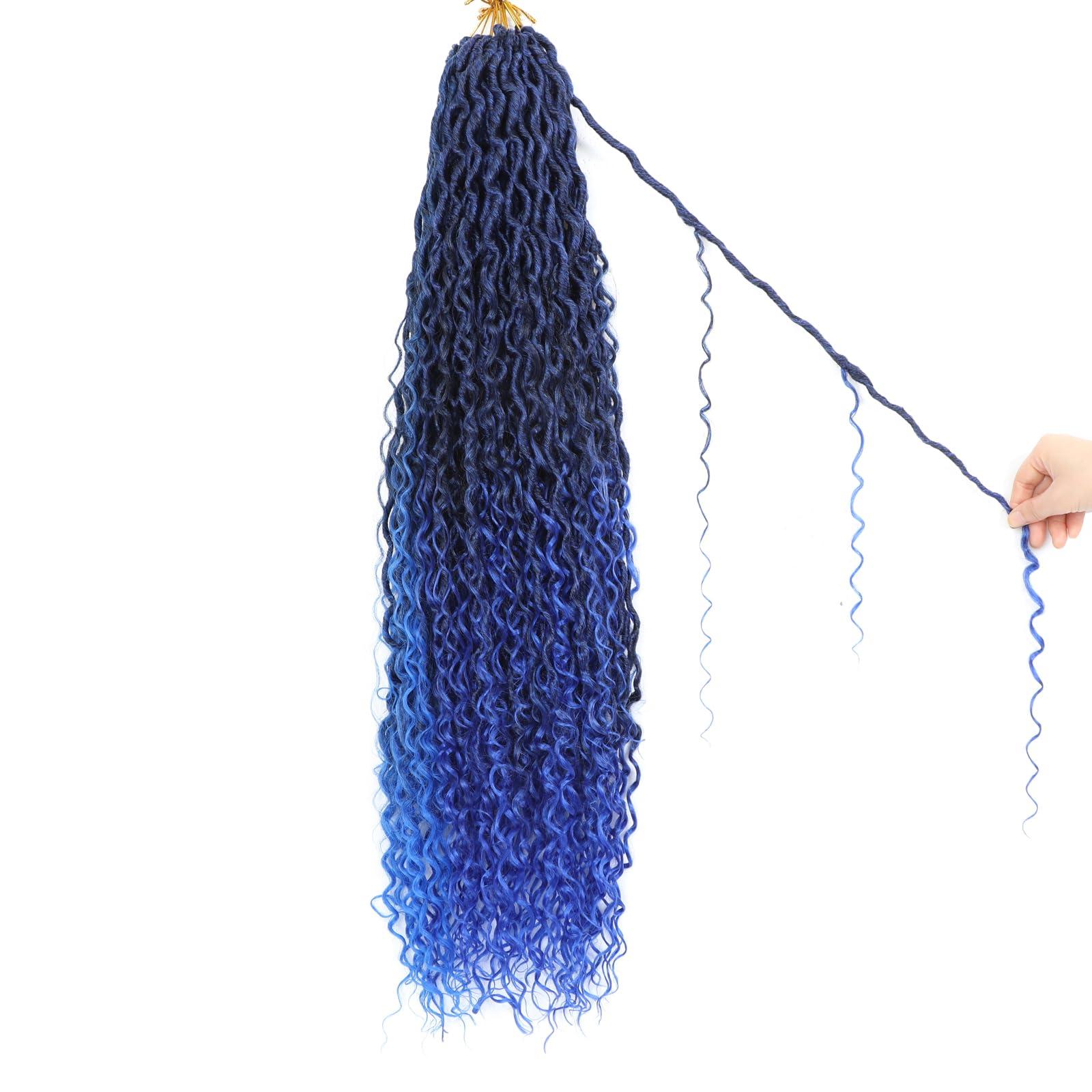 Alimiriam Long Goddess Locs Crochet Hair 8Packs 30inch Ombre Blue River Curls Crochet Hair Boho Faux Locs Wavy Crochet Curly Hair with Curly Ends Synthetic Hair Extensions(30\" 8Packs T1B/blue#)