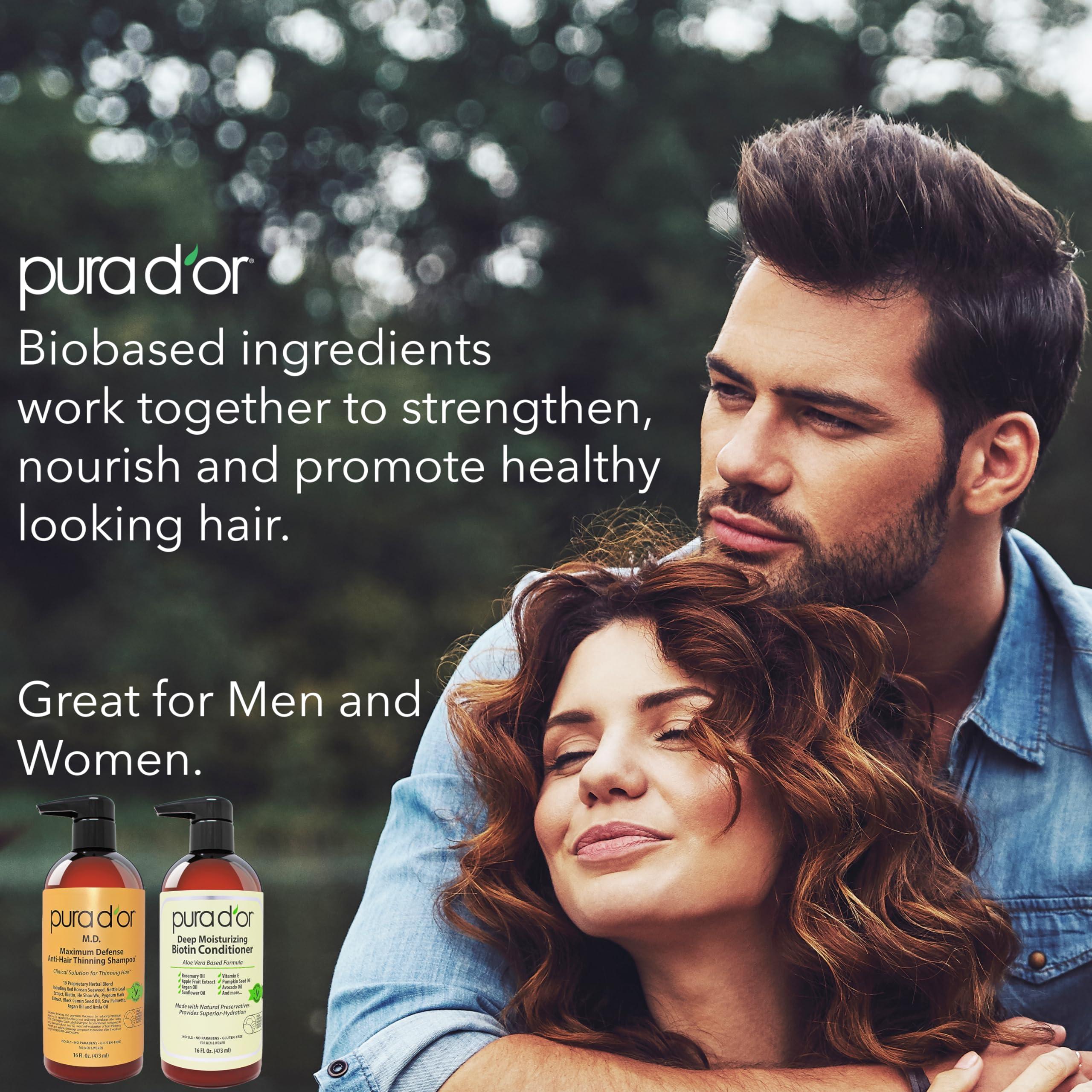 PURA D'OR PURA D\'OR MD Anti-Thinning Biotin Shampoo & Conditioner Set (16oz x2) Maximum Defense Coal-Tar Strong Scented DHT Blocker Hair Thickening Products For Women & Men, Daily Shampoo For Scalp Health