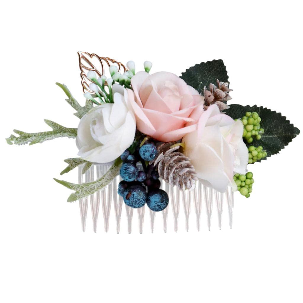 barenx barenx Silk Floral Hair Comb Artificial Flower Leaves Wedding Headpieces - 8x14x3cm, Rose+Golden Leaf