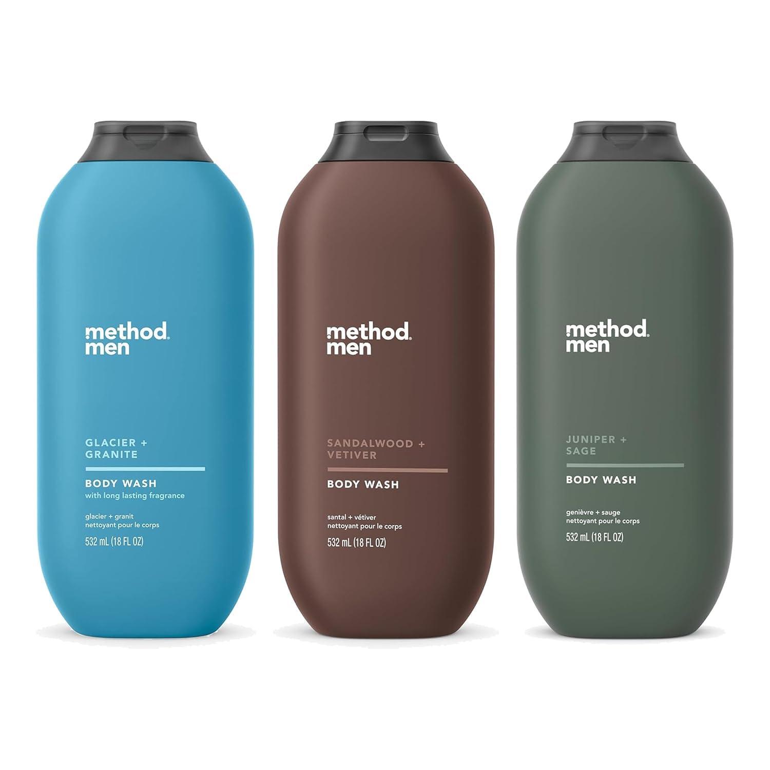Method Method Men Body Wash Variety Pack - 3 Scents - Glacier + Granite, Sandalwood + Vetiver, Juniper + Sage - 18 fl oz Each