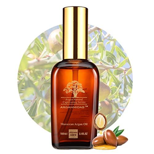 ARGANMIDAS ARGANMIDAS Hair Oils, Moroccan Argan Oil for Hair and Face Skin Moisturizer, Leave Hair Soft & Shiny, Hair Treatment oil for Men Women Dry Damaged Frizzy Hair, 3.4 Fl Oz