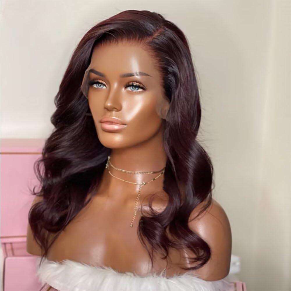 Nuoanla 99J Burgundy Color 13x6 Body Wave Human Hair Wig HD Transparent Lace Front Wig Brazilian Remy Human Hair Pre Plucked Natural Hairline 150% Density with Baby Hair Glueless Wigs 22inch