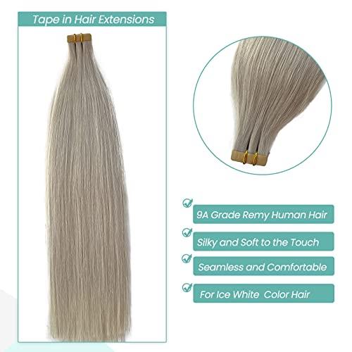 Licoville Ice Blonde Tape in Extensions 100% Real Remy Human Hair 18 Inch 50grams 20pcs Double Sided Invisible Tape in Icy Blonde Hair Extensions Silky Straight Can be Curled