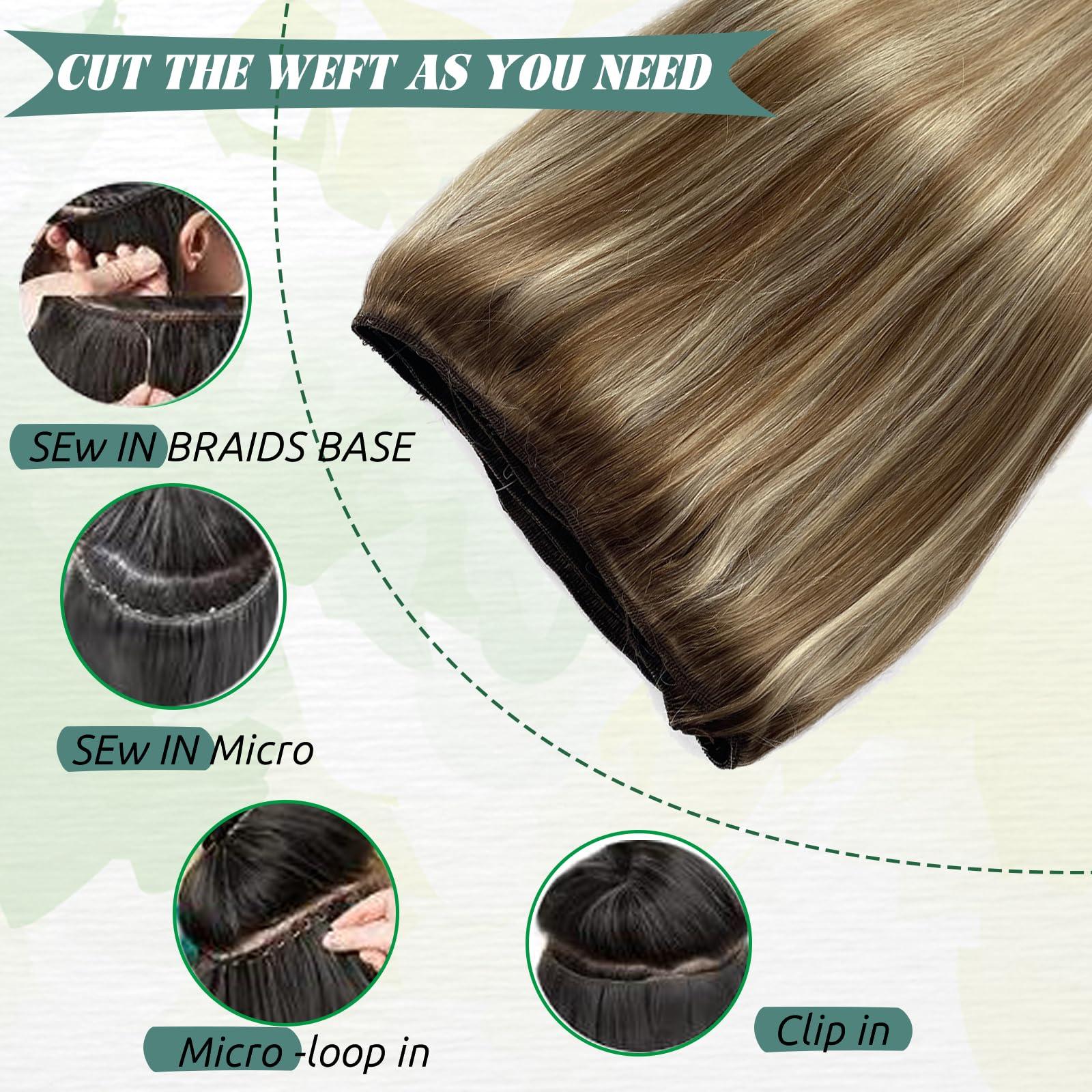 Smavida Ombre Blonde Hair Extensions Sew in Human Hair,14 Inch Light Brown Mixed Platinum Blonde Highlights Blonde Sew in Hair Extensions Real Human Hair Balayage Remy Human Hair Weaves for Women Full Ends