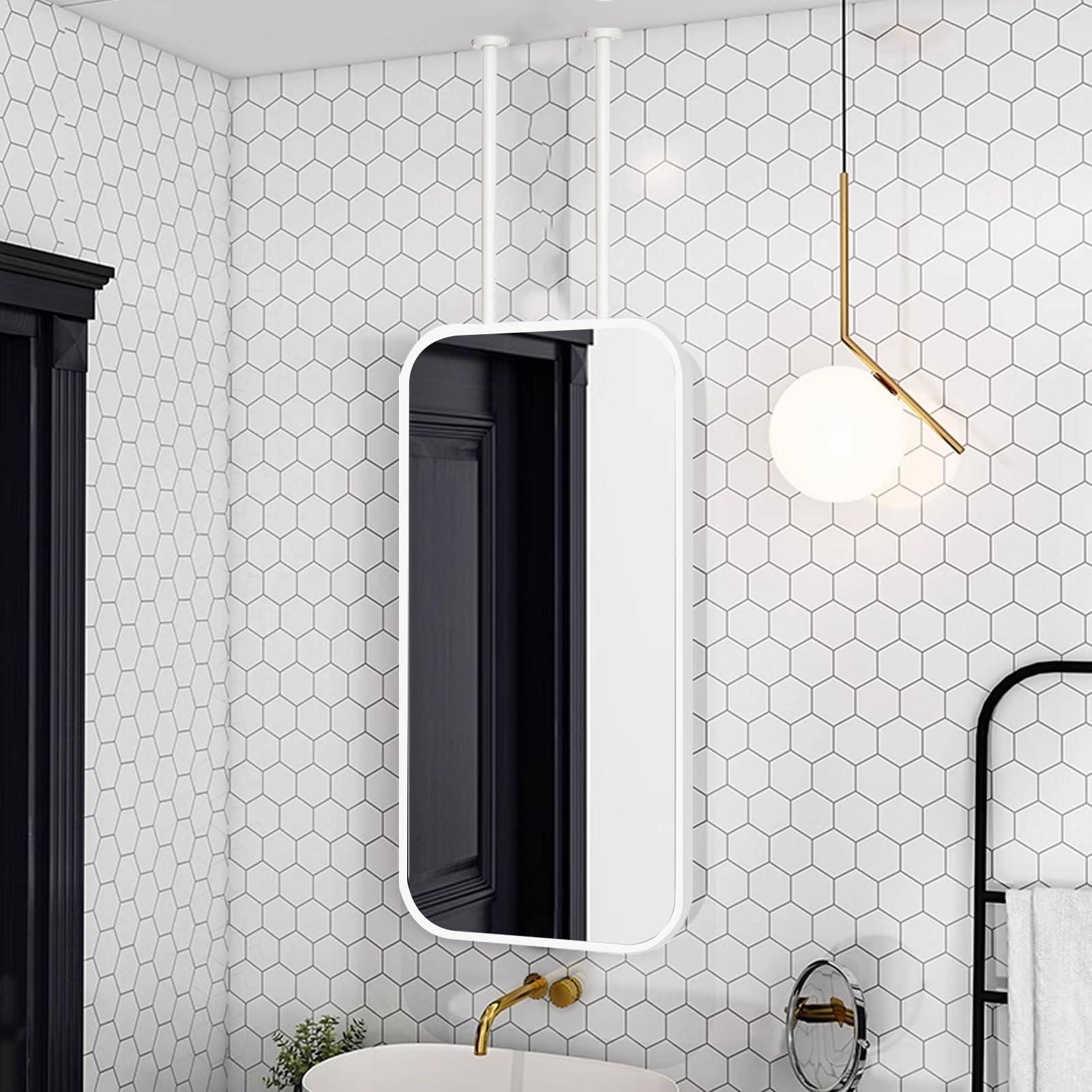 Gaommini Gaommini Ceiling Mounted Hanging Mirror Square with White Metal Frame and Double Boom, Bathroom Mirrors Large Rectangle Mirror for Vanity Makeup Shaving (Size : 50cmx60cm)