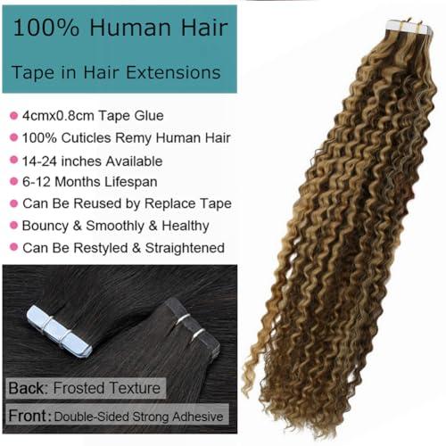 Kiss darling LASHES Jerry Curly Tape In Human Hair Extensions 10inch 100g/40pcs, Chocolate Brown Highlighted to Caramel Blonde Color Curly Hair Seamless, Reusable Tape Hair Extension