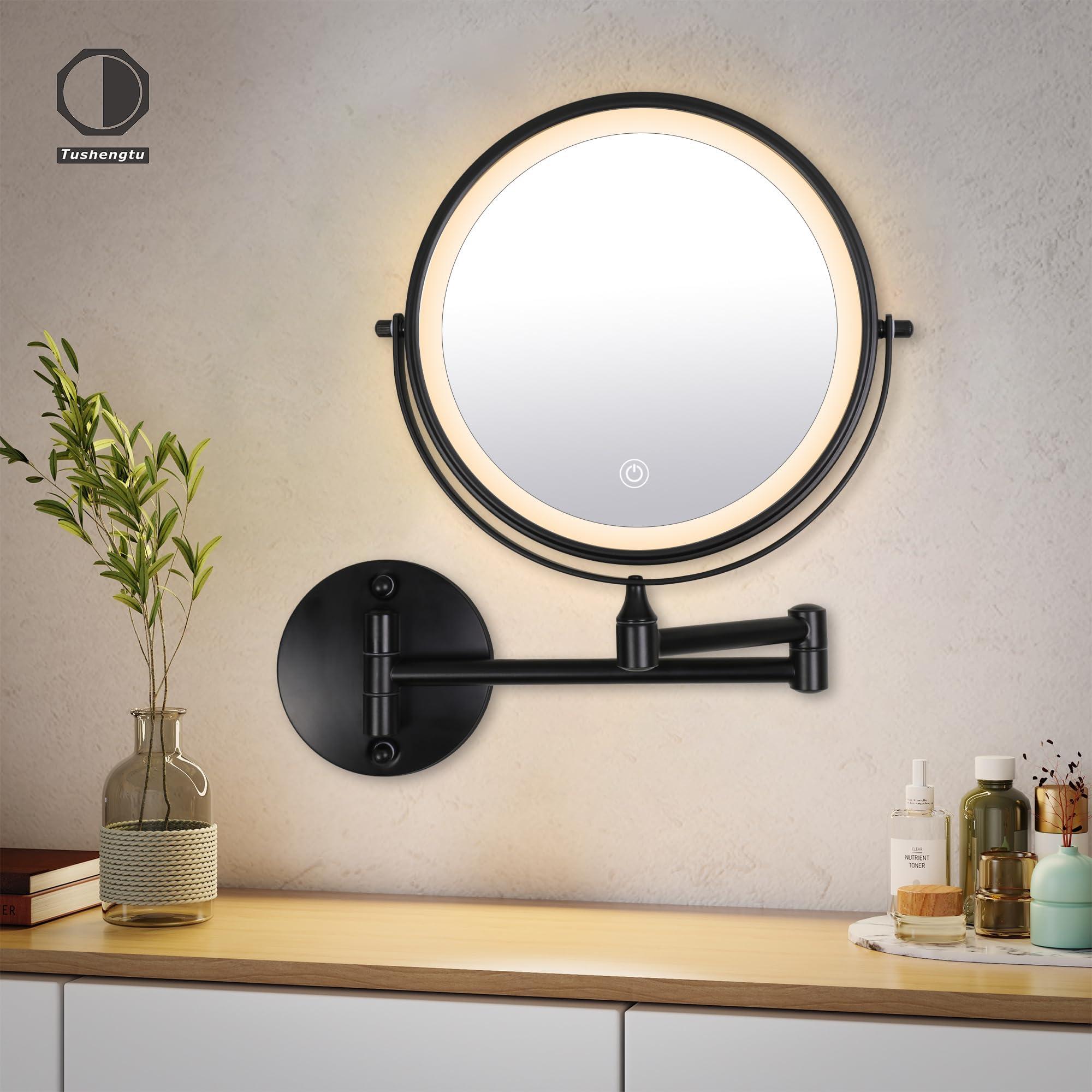 TUSHENGTU 9\" Large Black Wall Mount Magnifying Mirror With Light, TUSHENGTU 3000mAh Rechargeable Lighted Makeup Vanity Mirror Wall Mounted Swing Arm,10X/1X Magnifying Vanity Mirror for Bathroom 360Double Sided