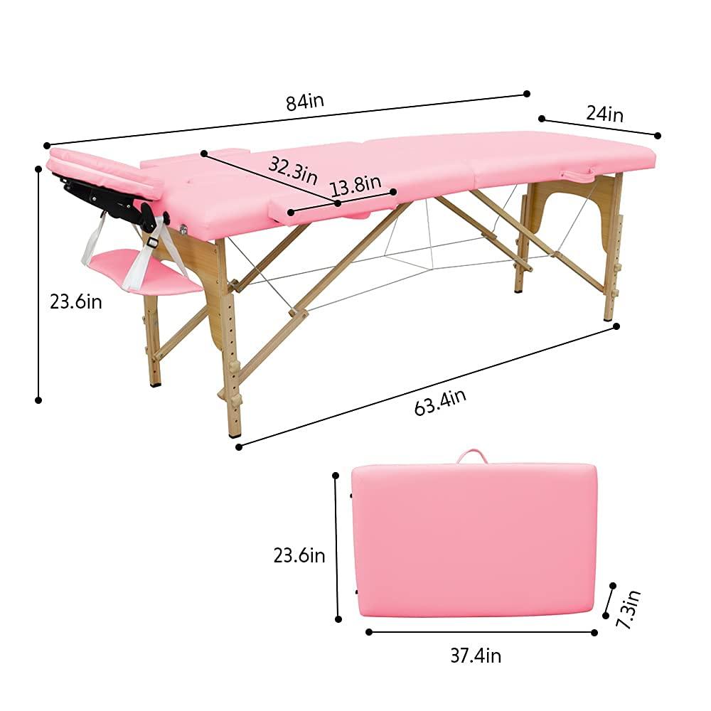 NinthAvenue Basics NinthAvenue Basics Portable Massage Table, Massage Spa Bed, Massage Therapy Table with Beech Stands, 84 inch Adjustable 2 Fold Salon Bed with PVC Leather, Face Cradle Bed, Pink (2-Fold)