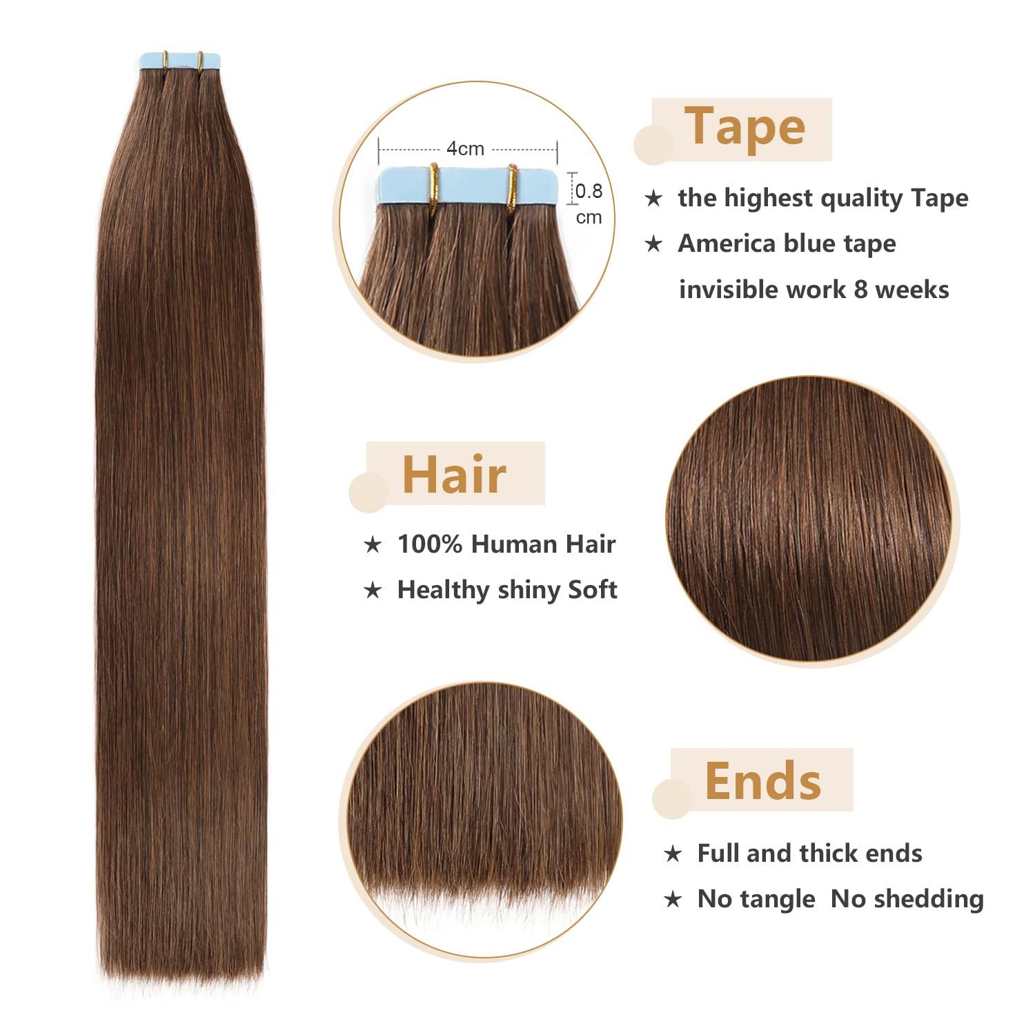 YILITE YILITE Tape in Human Hair Extensions 24 inches 20pcs 50g Straight Tape in Hair Extensions Human Hair Seamless Skin Weft #4 Medium Brown Tape in Human Hair Extensions24inches #4 Medium Brown