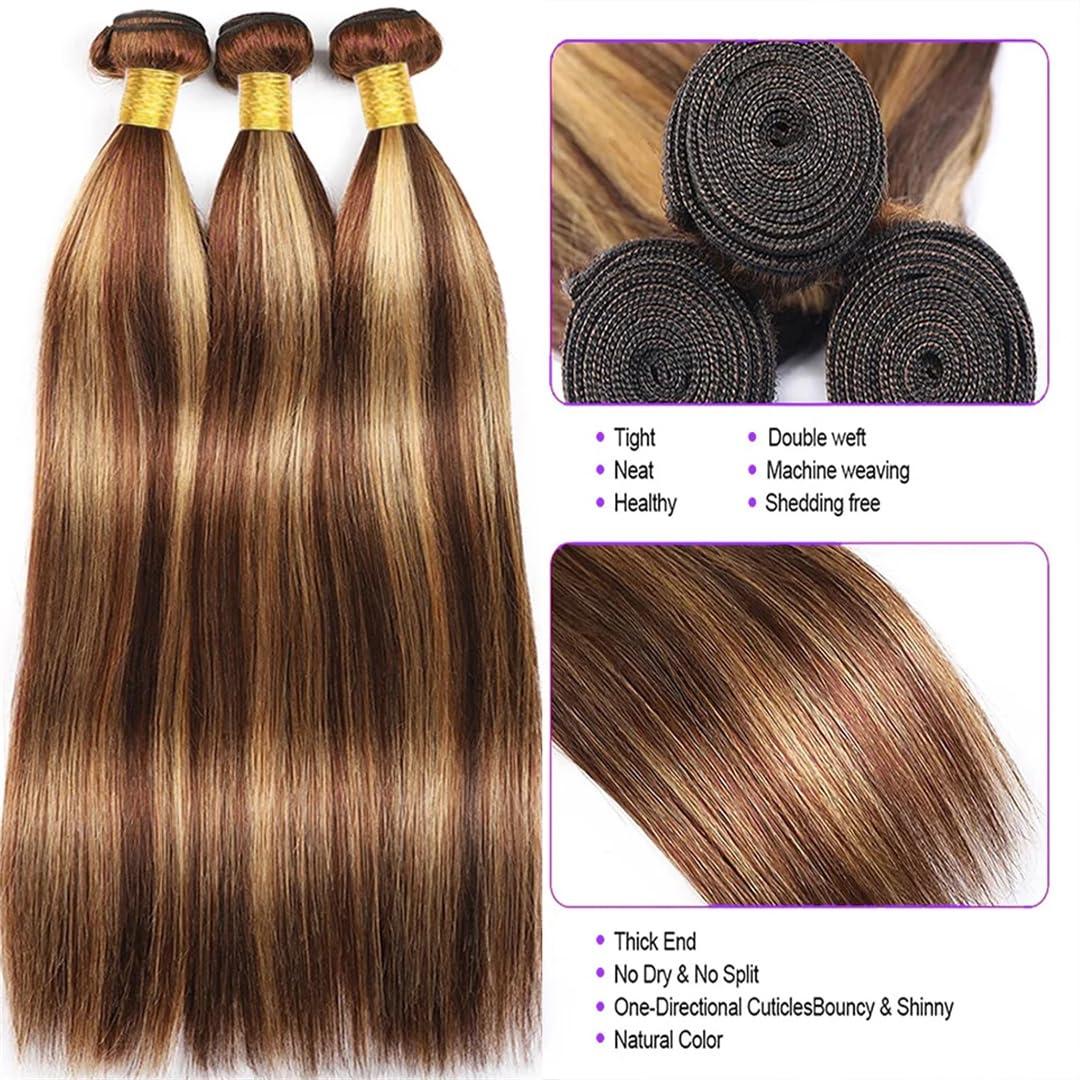 Wjnvfioo Highlight Bundles With Frontal Straight Bundles With Frontal Brazilian Human Hair Bundles With Frontal Free Part Highlight P4-27 22 22 22frontal18#13\" x 4\"