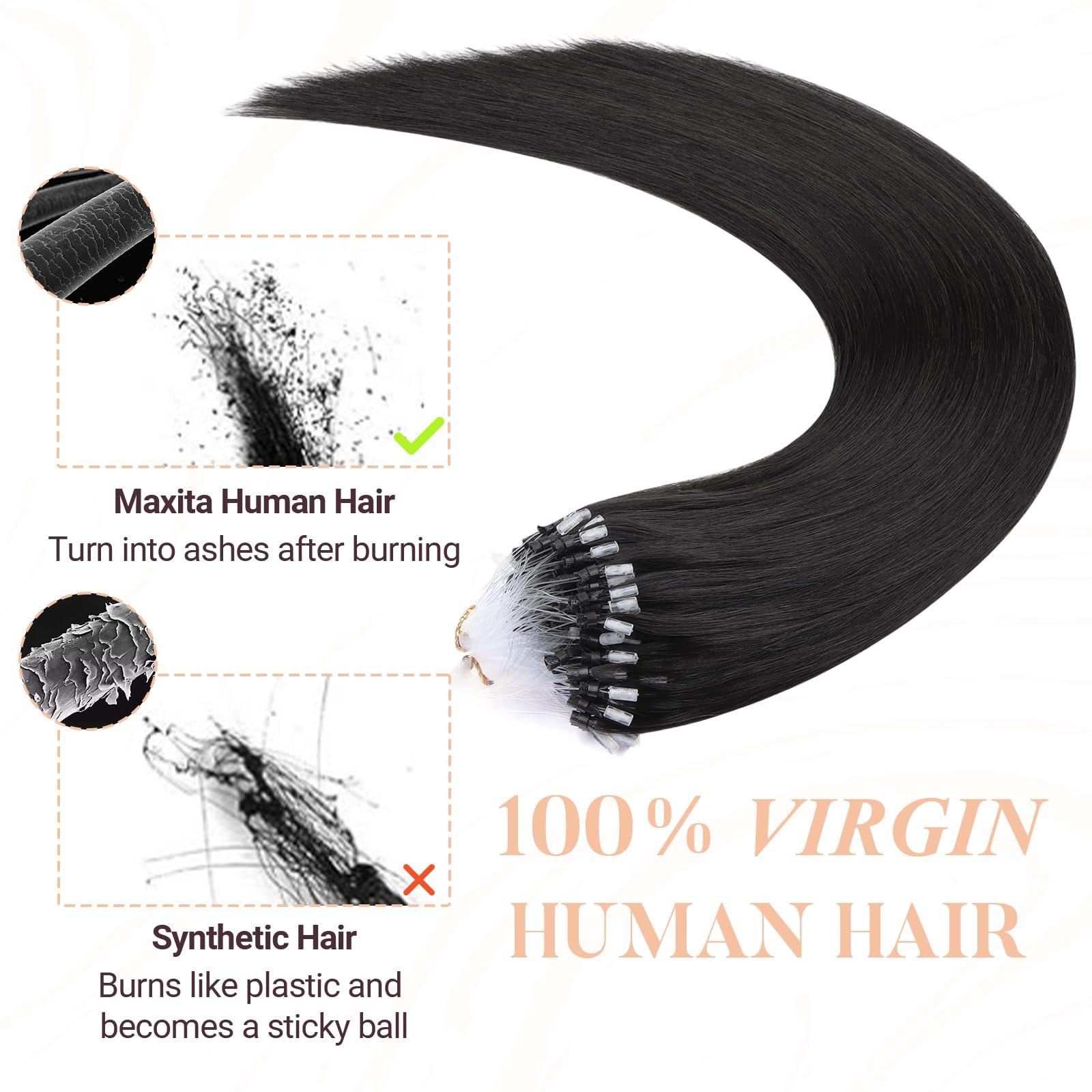 MAXITA MAXITA Microlink Hair Extensions Human Hair Natural Black Micro Bead Hair Extensions Virgin Human Hair, 50g/50 Strands/Pack, 20 In