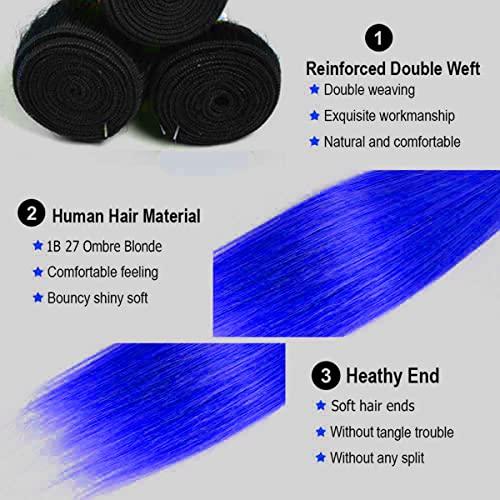 muaowig muaowig Blue Weave 3 Bundles Ombre Human Hair Bundles Dark Roots Black To Blue Tow Tone Hair Bundle Double Weft 3 Bundle Straight Ombre Hair Bundle 22 24 26 inch, 10.5822 Ounce