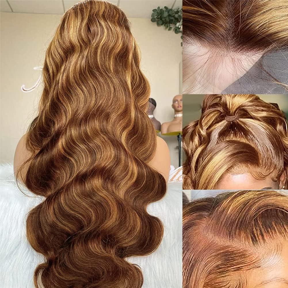 Lantianlvye 18 Inches Ombre Brown Body Wave Lace Front Wigs Highlight #27/30 Human Hair Pre Plucked Glueless Wig 150% Density 13x4 HD Transparent Frontal Wigs Lace Front Wigs for Black Women