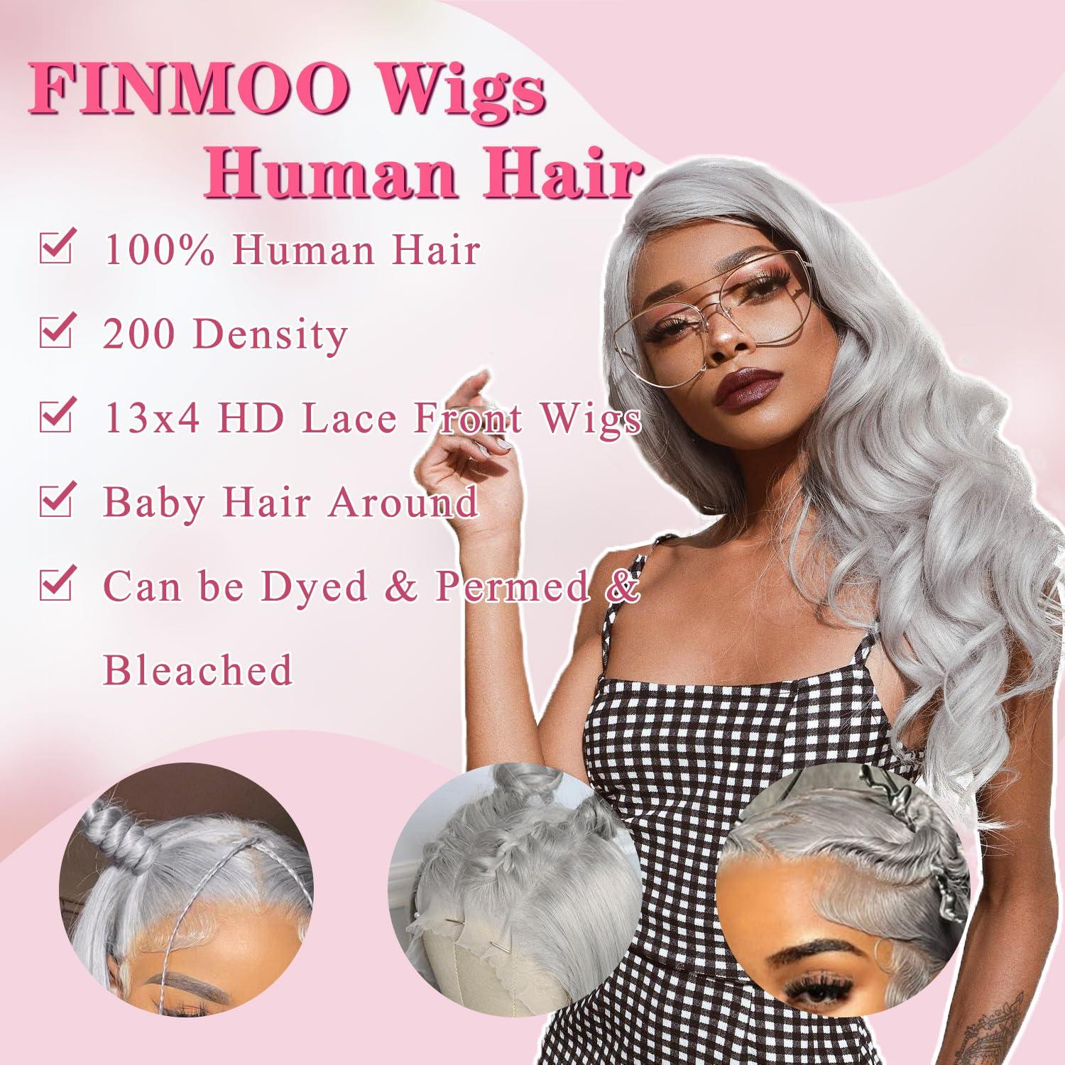 FINMOO FINMOO Grey Silver Lace Front Wigs Human Hair 200% Density Body Wave 13x4 UHD Transparent Pre Plucked Pre Cut Lace Front Wigs Glueless Wigs 613 Colored Remy Virgin Hair Wigs for Black Women 22 Inch