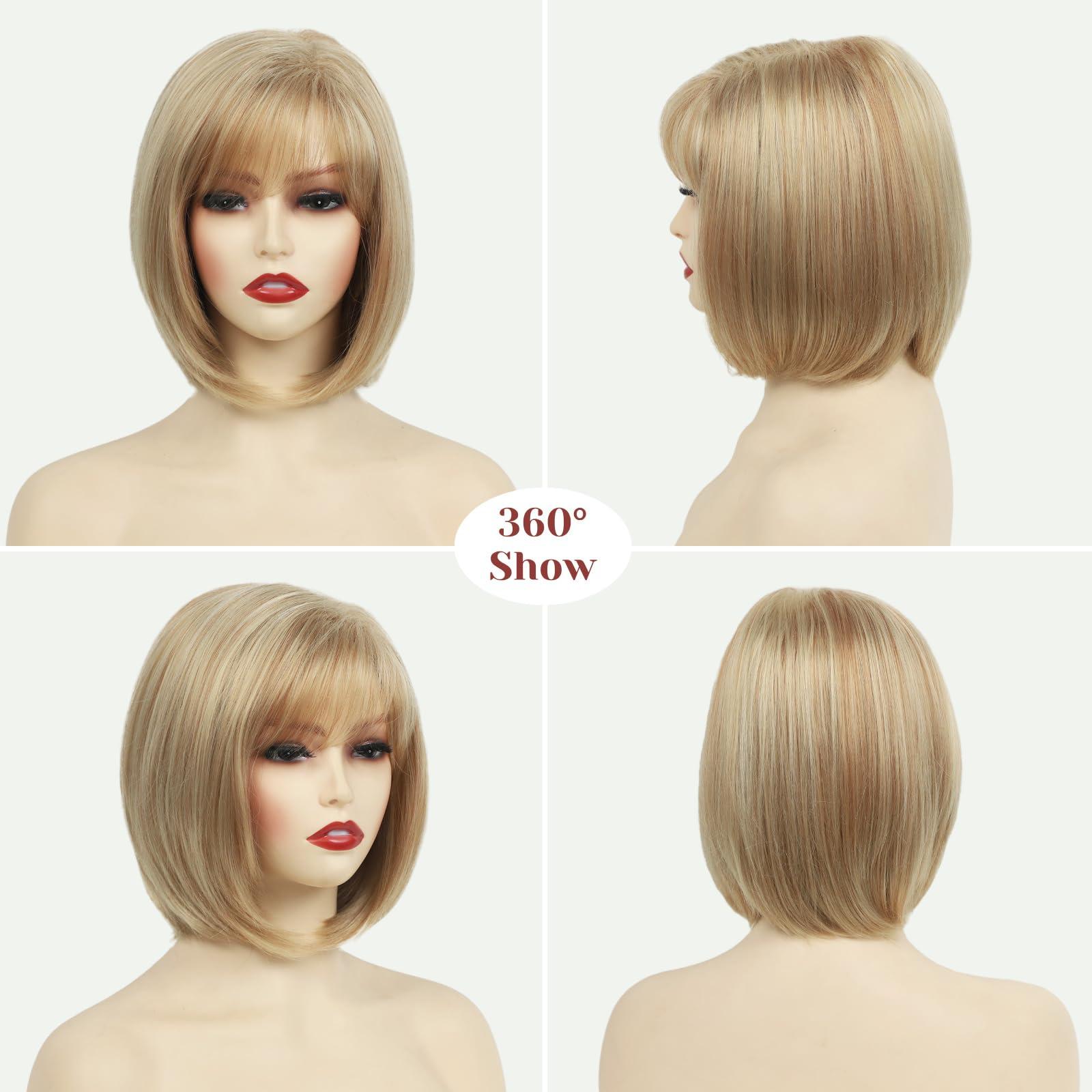 RENERSHOW RENERSHOW Short Blonde Pixie Bob Wig with Bangs Mixed Blonde Wigs for White Women Straight Hair Synthetic Wigs for Daily Party