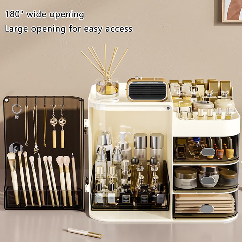 Haiansan Cosmetics Display Case with Mirror, Large Capacity Cosmetic Storage Box with Drawers, Dust and Waterproof Makeup Organizer, Skincare Jewelry Storage Box for Bedroom, Bathroom (Transparently black)