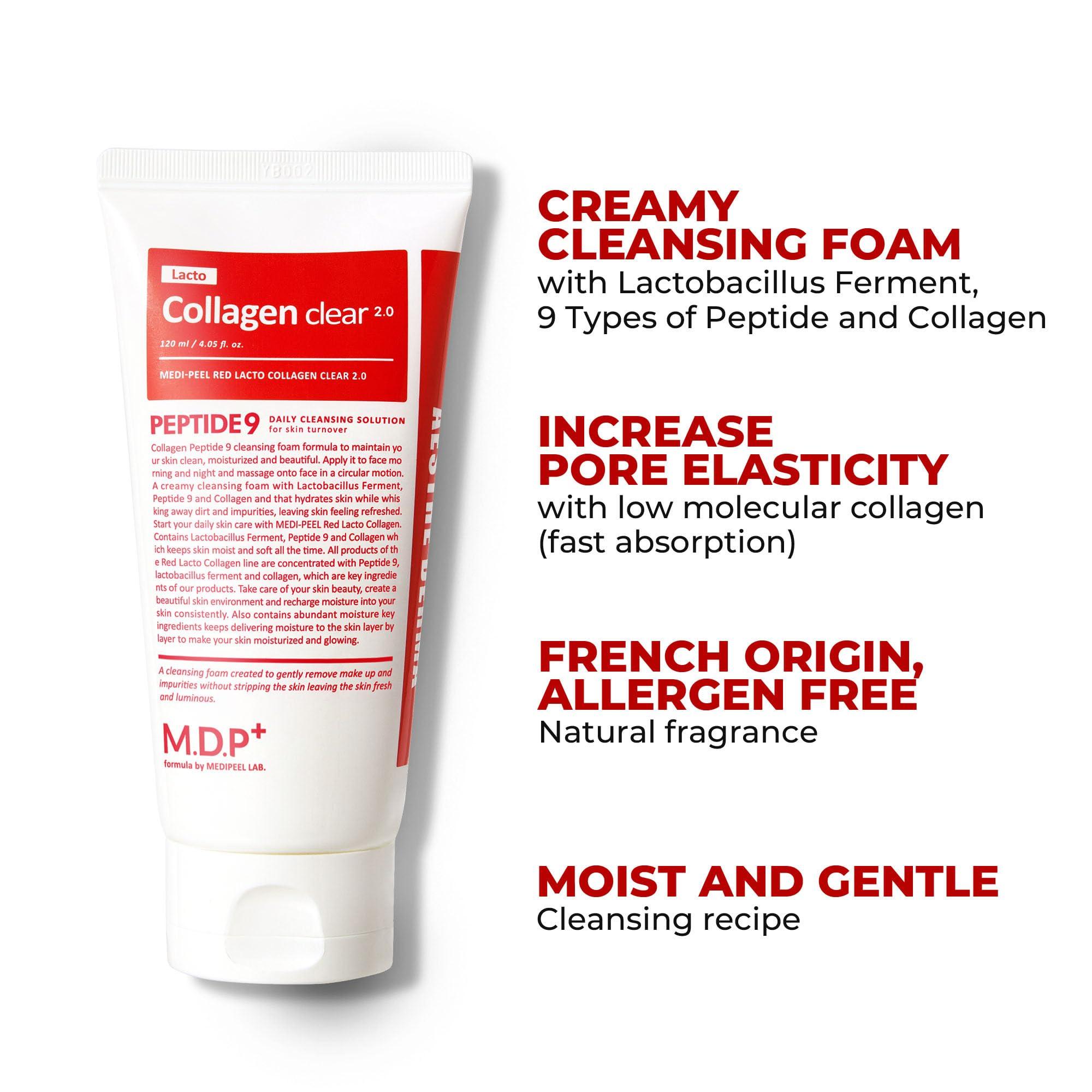 MDP MDP+ RED LACTO COLLAGEN CLEAR 2.0, Peptide, Deep Pore Cleansing, Hydrating|4.05oz/120ml,Pore Tightening, Hydrating Cleanser, Daily Moisturizing Cleanser, Foaming Facial Wash