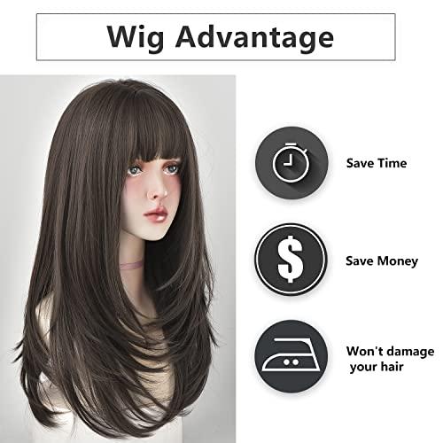 7JHH WIGS 7JHH WIGS Hair Dye Wig for Women Synthetic Hair Natural Long Straight Wig With Bangs (22inch, Cold brown)
