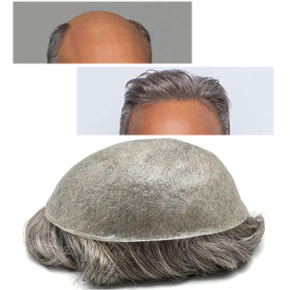 Hair Wonders Hair Wonders Toupee For Men V-loop Real Human Hair Piece For Men 0.06mm Ultra Thin Skin Toupee Grey Hair System For Men Hairpiece Mens Toupee 8x10 110% Density #580#5 Medium Light Brown+80% Grey