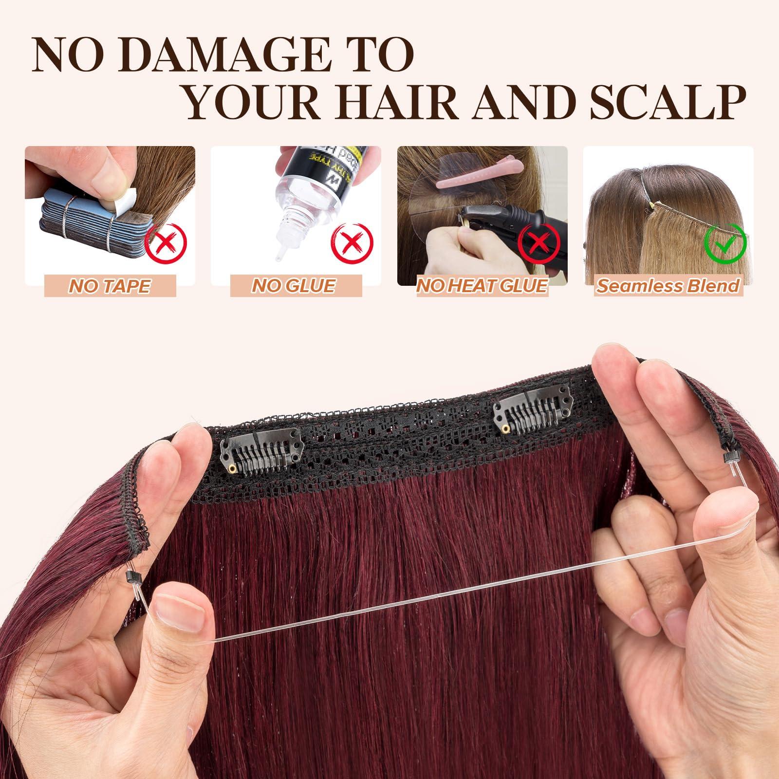 S-noilite Halo Hair Extensions Real Human Hair,S-noilite Halo Hair Extensions,Halo Hair Extension for Women,100% Human Hair Halo Extensions,Halo Hair 65g/18inch 99J Wine Red