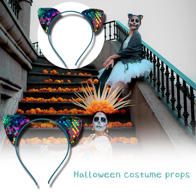 yaozeio yaozeio Halloween Bling Rainbow Hair Band Glitter Sequin Cat Ears Headbands Reversible Sequin Fabric Hair Band No Slip Elastic Head Bands Halloween Hair Accessries for Girls Women 2pcs