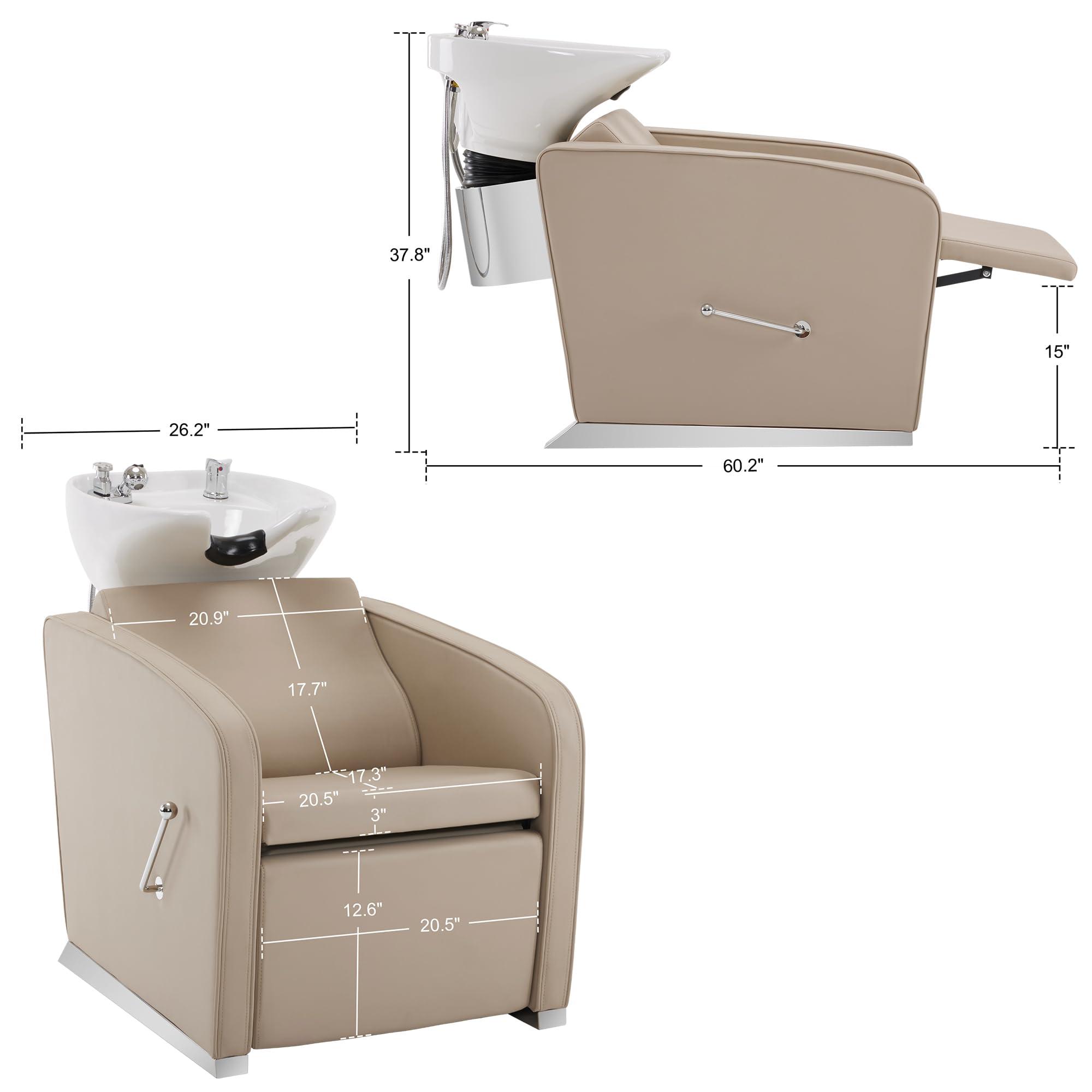 BarberPub BarberPub Backwash Shampoo Station Chair, Adjustable Porcelain Ceramic Hair Wash Bowl Sink Unit Station, Reclining Shampoo Station Chair for Spa Beauty Salon Hair Salon Equipment 9303 (Beige)