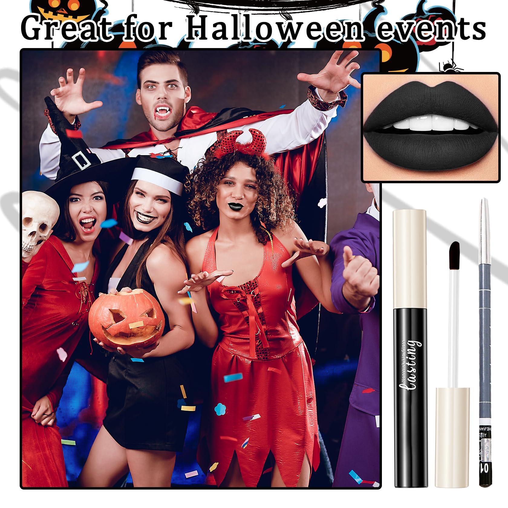 LingHaoLH 2PCS Black Matte Lip Liner and Lipstick Set,High Pigmented Black Liquid Lipstick and Lip Liner Set,Long Lasting Waterproof Black Lipgloss Liner Set for Goth Christmas Halloween Cosplay Makeup