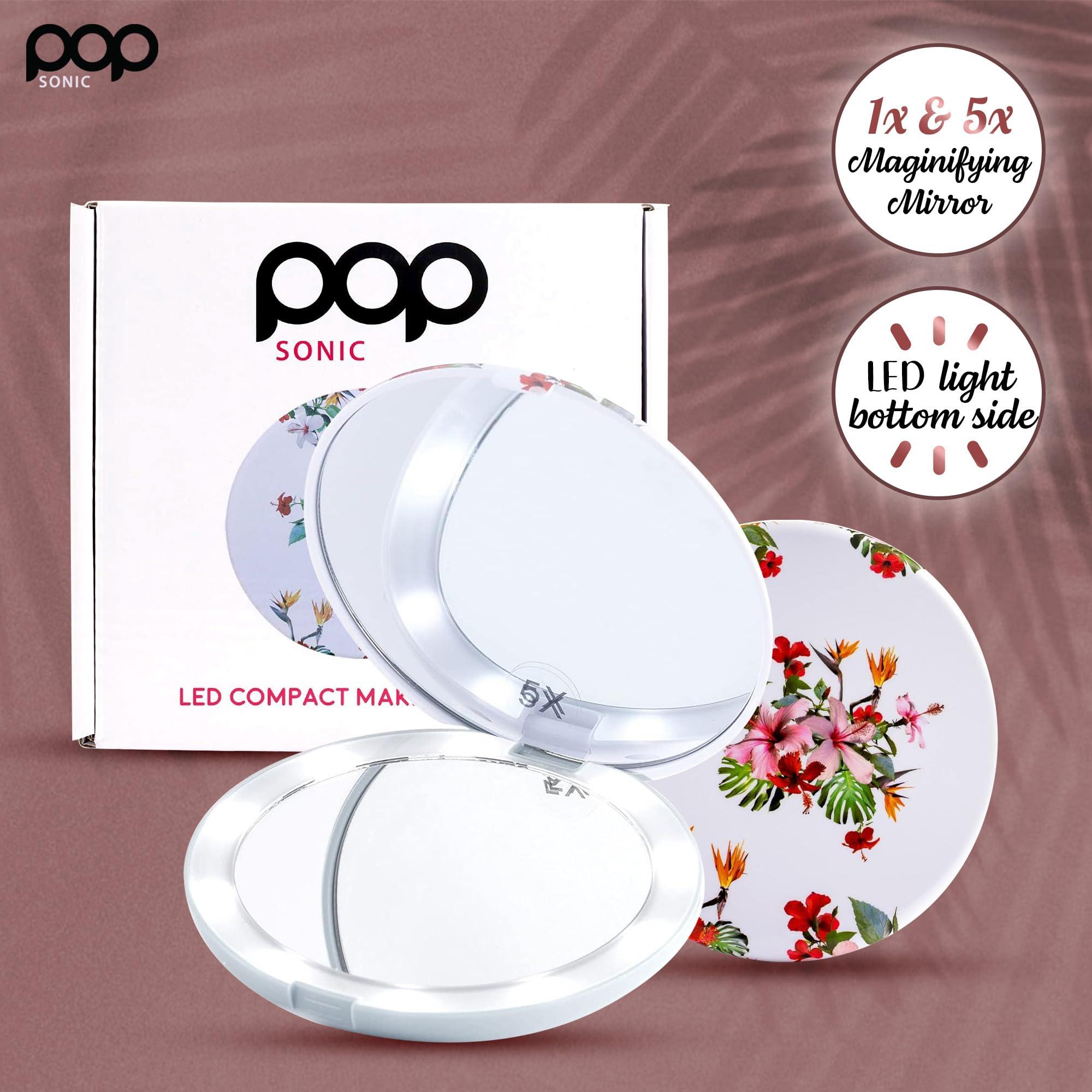Pop Sonic LED Compact Mirror - White Floral | Portable Makeup Mirror - 5" Foldable - 1X & 5X Lighted Magnifying Mirror