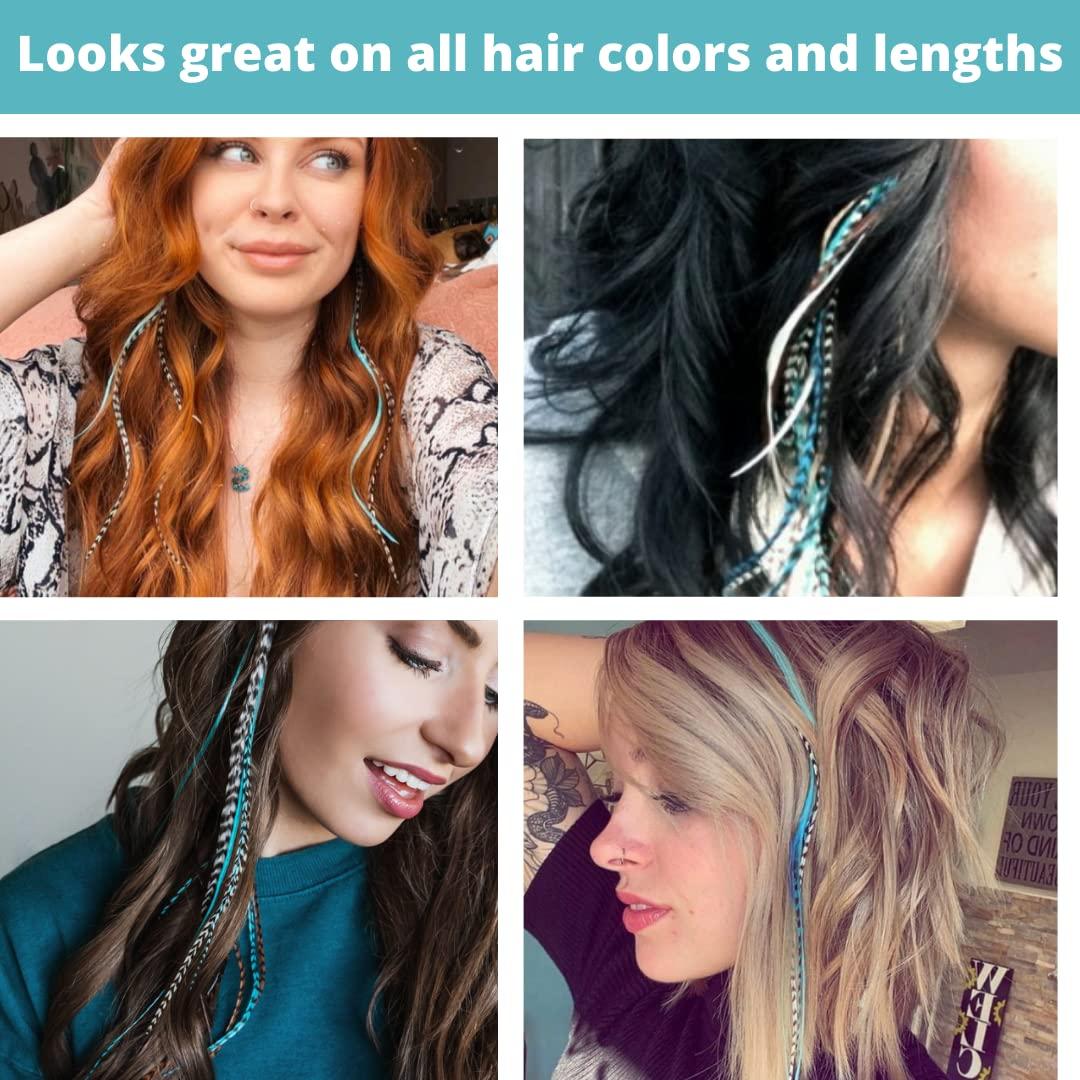 Feather Lily Hair Feathers Extensions Kit, Long Real Rooster Feathers for Hair with DIY Microlink Beads and Loop Tool, Western Turquoise Blue and Brown Naturals