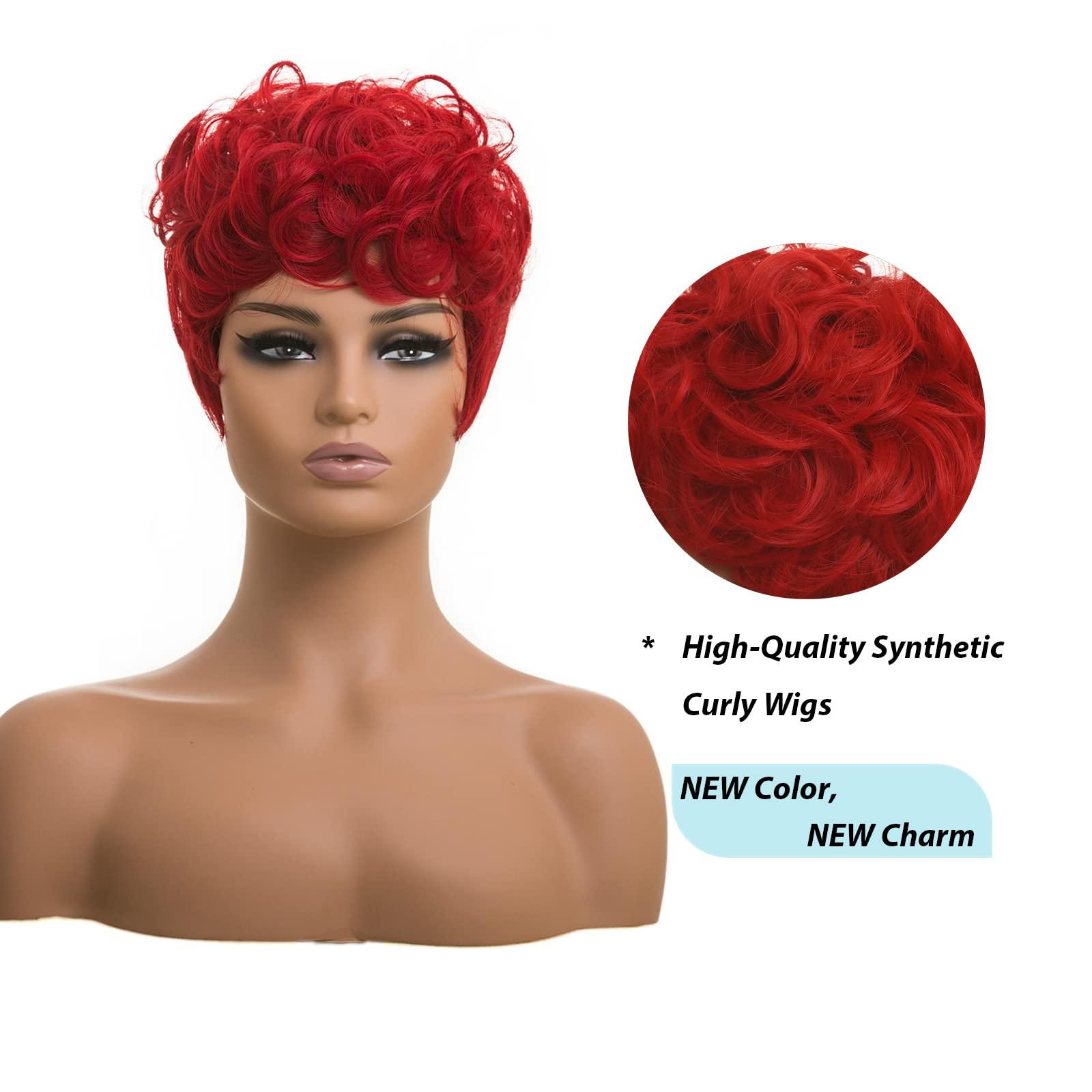 DOcute DOcute Red Pixie Cut Wigs for Black Women Short Hair Red Short Wigs for Black Women With Bang Curly Black Women wigs (Red)