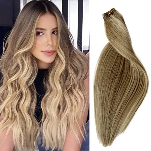 Smartinnov Sew in Hair Extensions 24 Inch 120G Ash Brown to Platinum Blonde Highlight Human Hair Hand Tied Weft Hair Extensions Ombre Blonde Highlights Brazilian Virgin Hair Double Weft Remy Hair Bundles