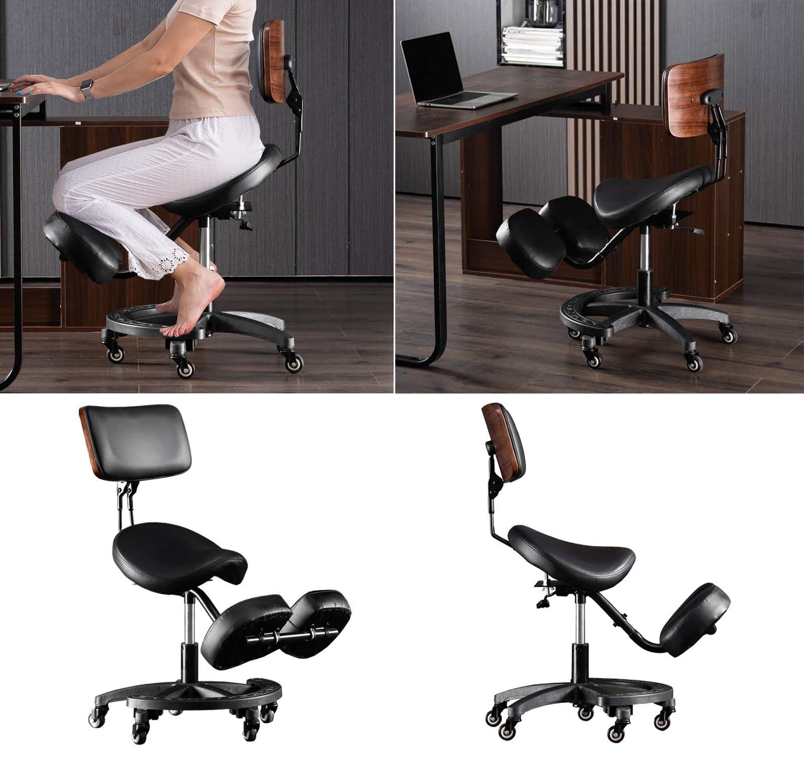 CMYUN Office Ergonomic Saddle Stool/Kneeling Chair, Heavy Duty Rolling Chair with Back Support, Adjustable Kneel Chair for Dental Saloon Spa