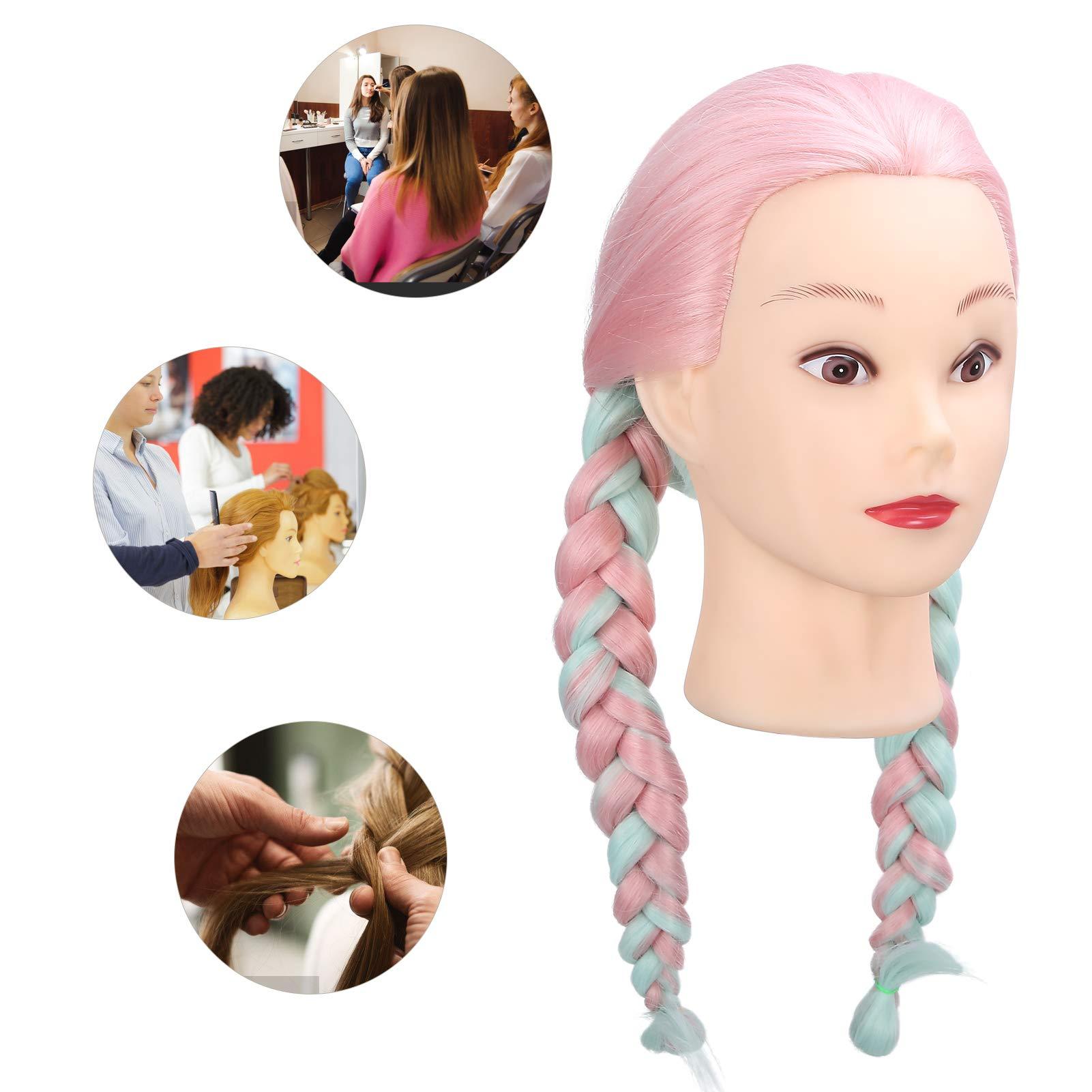 Joyzan Mannequin Head With Color Hair, Hair Styling Training Heads Manikin Cosmetology Doll Head Pink Real Synthetic Fiber Hairdressing Practice Model DIY Braiding Hair Art Salon Display Dyeing Knitting