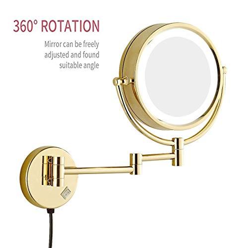 ROWITA ROWITA Wall Mounted Makeup Mirror 3X Magnification, Magnifying Vanity Mirror with LED Lights, Flexible Gooseneck, and Locking Suction, Extendable Arm,for Girls (Color : Gold)
