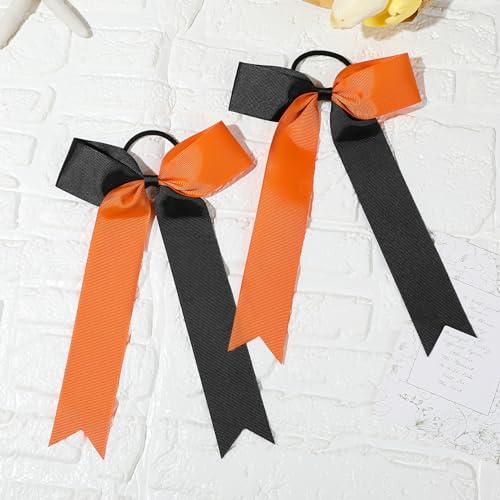 DEEKA DEEKA 16 PCS Collegiate Style Ponytail Holders - Long Tail Skinny Handmade Bows for Girls, Teens, Softball, Cheerleaders - Orange/Black