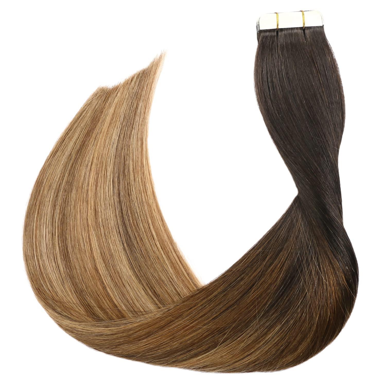 SURNEL SURNEL Tape in Hair Extensions Human Hair 16 inch Tape in Hair Extensions Color 1B Fading to 4 Brown Highlighted 27 Blonde Tape Hair Extensions 20 pcs 50g(#1B/4/27-16)