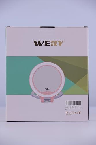 WEILY WEILY Magnifying Mirror with Light, 10X/1X Magnification Double-Sided Travel Makeup Mirror, with 3 Color Lights, Touch Control, Rechargeable Portable Mirror for Bedroom, Bathroom (White)