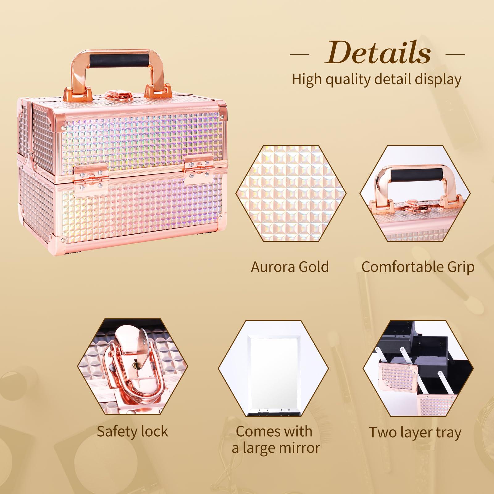 Trotianingyu Makeup Train Case Lightweight Cosmetic Box Portable Lockable Makeup Case Organizer 2 Trays Makeup Storage with Mirror Locking for Traveling Makeup Storage Box-Rose Gold