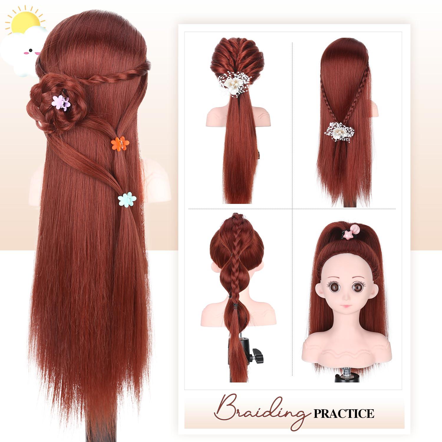 WIGER WIGER Red Hair Styling Doll for Girls Toy Mannequin Head with Hair for Children Cute Cosmetology Hairdressing Manikin Doll Braiding Training Practice Heads with Long Brown Straight Hair